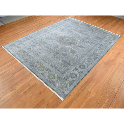 9'0" x 11'7" New Hand Knotted Grey Wool & Silk Rectangle Oriental Rug - MOA10287075