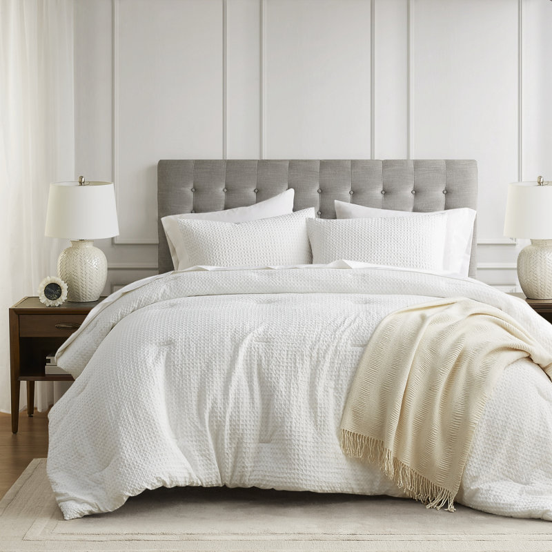 Mina Waffle Weave Textured Cozy Comforter Set, Twin/ Twin XL Comforter + 1 Standard Sham, White