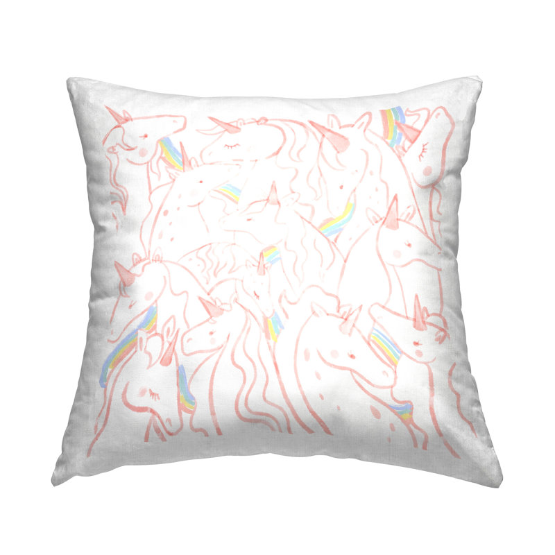 Coussin décoratif pastel à motif de licorne arc-en-ciel rose, imprimé par Daphne Polselli