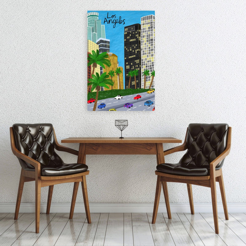 Downtown Los Angeles Colorful Modern Abstract Palm Tree City Landscape Wall Art Print 1 Piece Wrapped Canvas Wall Art