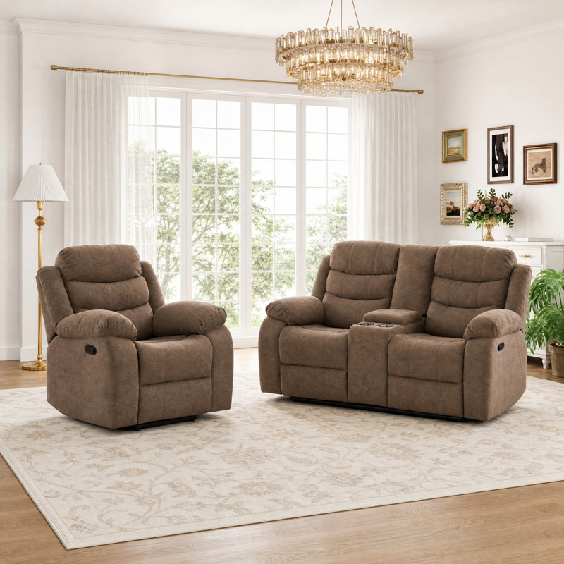 Ensemble inclinable en polyester: fauteuil inclinable manuel et causeuse avec rangement et porte-gobelets, Brun