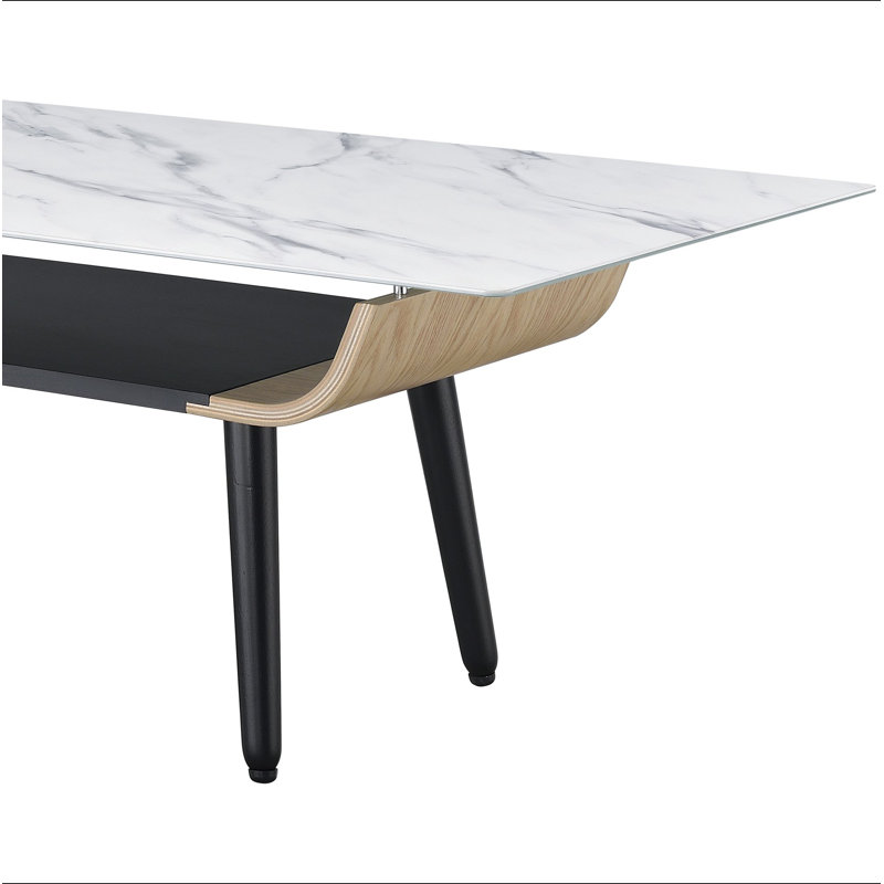 Table basse l 47 po avec plateau en verre marbré et bois cintré, Blanc