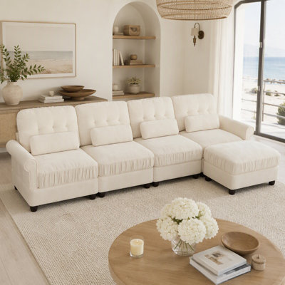 Canapé modulaire en chenille à 4 places avec un repose-pieds modulaire, coussin de siège à bord volant, coussins de soutien lombaires inclus, expérience d'assise profonde confortable pour un grand espace de vie, brun