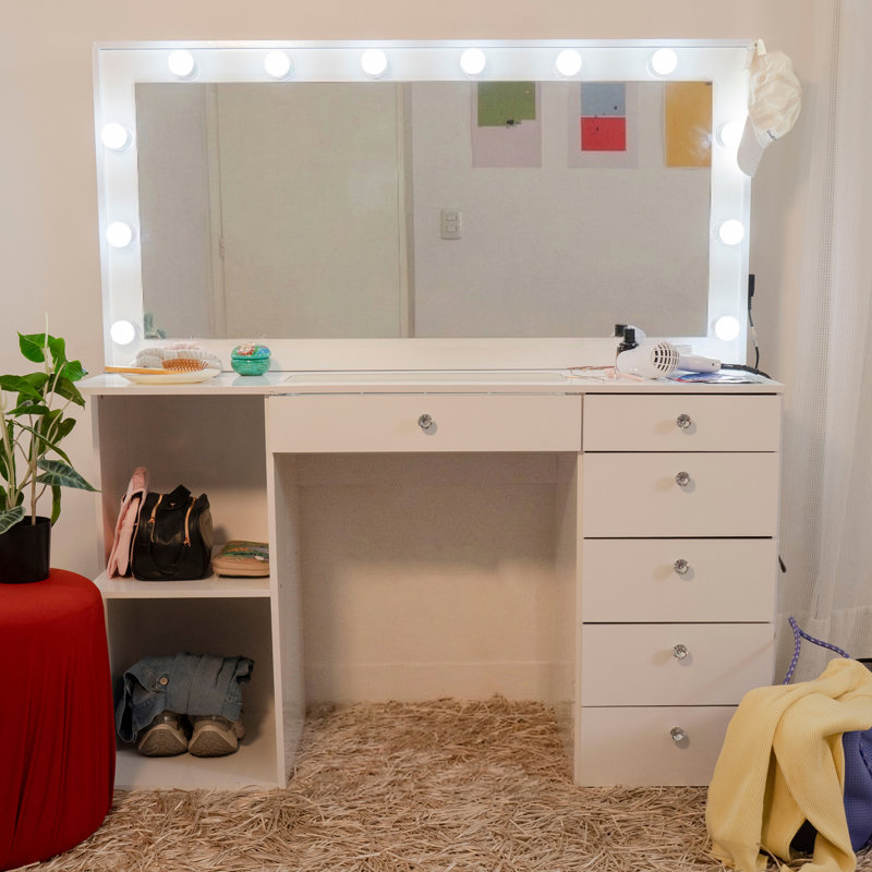 Boahaus Verona Large Vanity Desk with Framed Bulb Mirror – Custom Space Makeup Vanity Designed as a Structured Dressing Station with Integrated Power