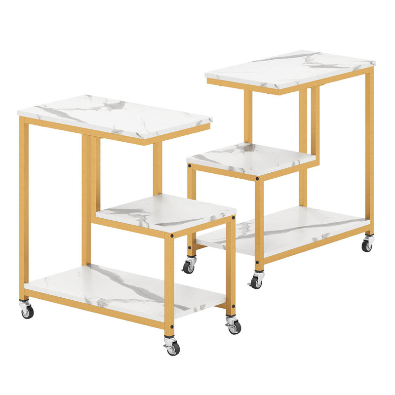 2 Pcs Modern G-shaped End Table With Storage Shelves & Lockable Casters For Living Room, White, Gold