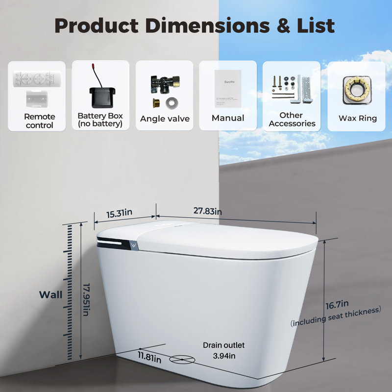 Bazyths Smart Toilet with Toilet Bowl Cleaner Slot, Foam Shield, Built-in Tank, Auto Open/Close Lid, Foot Sensor Flush, Heated Seat, Warm Dryer, Self Cleaning, Elongated One-Piece Design, 12 in. Rough In