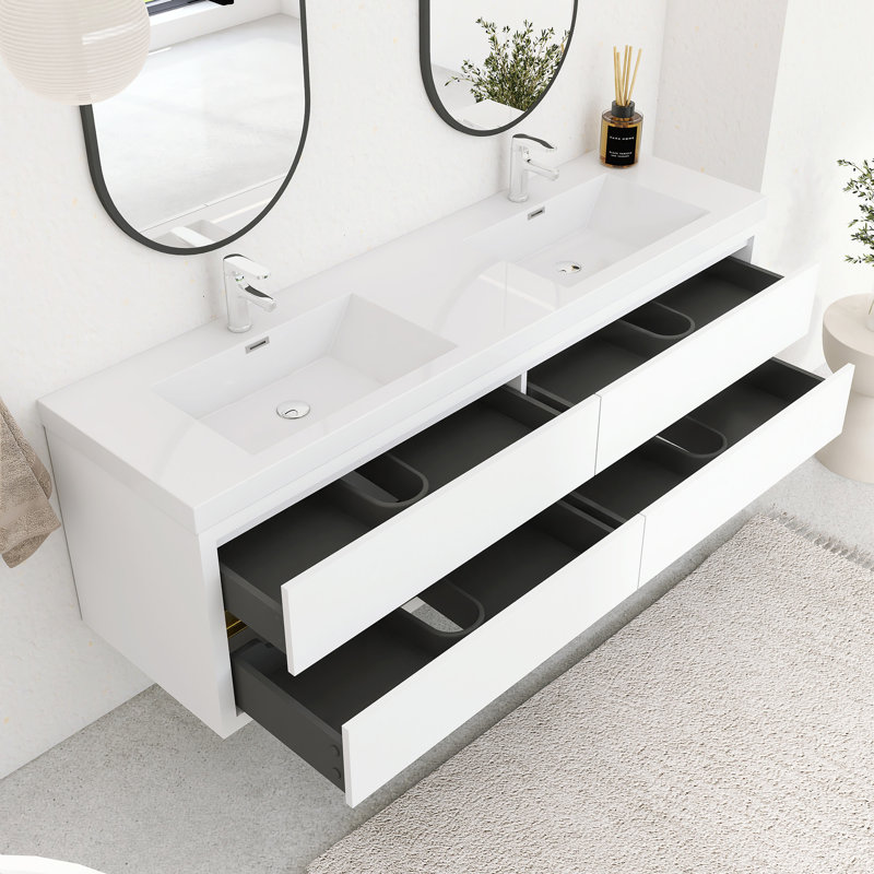 Ensemble de meuble-lavabo mural 72 po avec double lavabo double intégré en résine, Blanc lustré, 72"