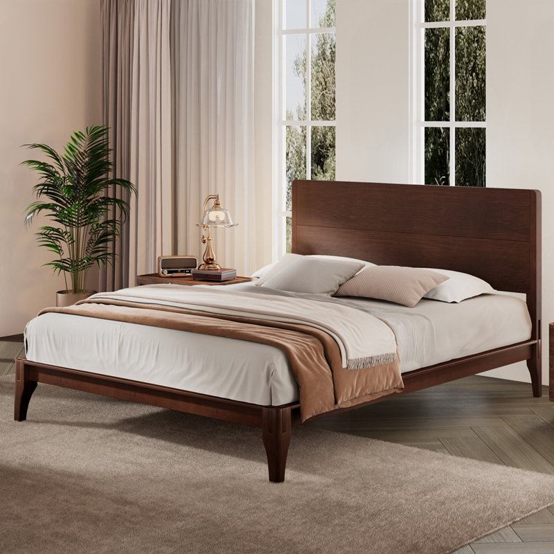 Mid-Century Modern 12 Inch Bamboo Wood Platform Bed with Wood Slat Support, No Box Spring Needed, Easy Assembly, Queen