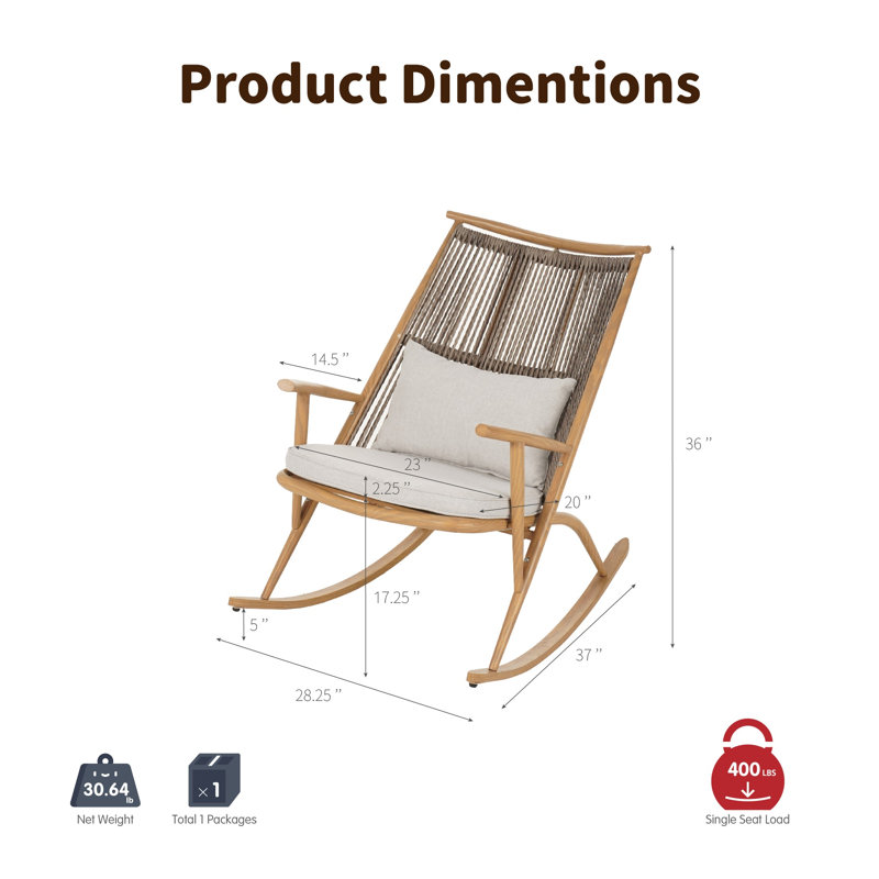 Chaise berçante d'extérieur 28,25 pouces, structure en fer au fini érable avec dossier en rotin PE gris et coussin gris clair