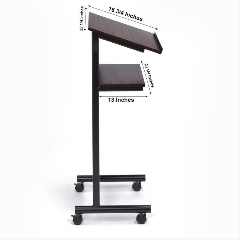 Black and Cherry Metal Standing Desk with Wheels and Shelves
