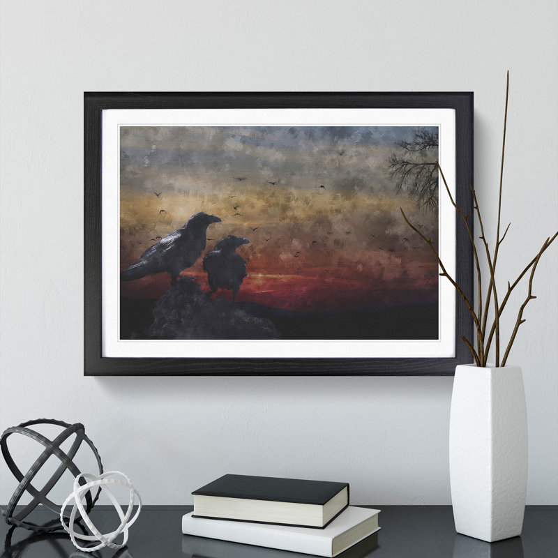 Crows at Sunset - Picture Frame Painting, 27cm H x 36cm W x 2cm D, Black Framed