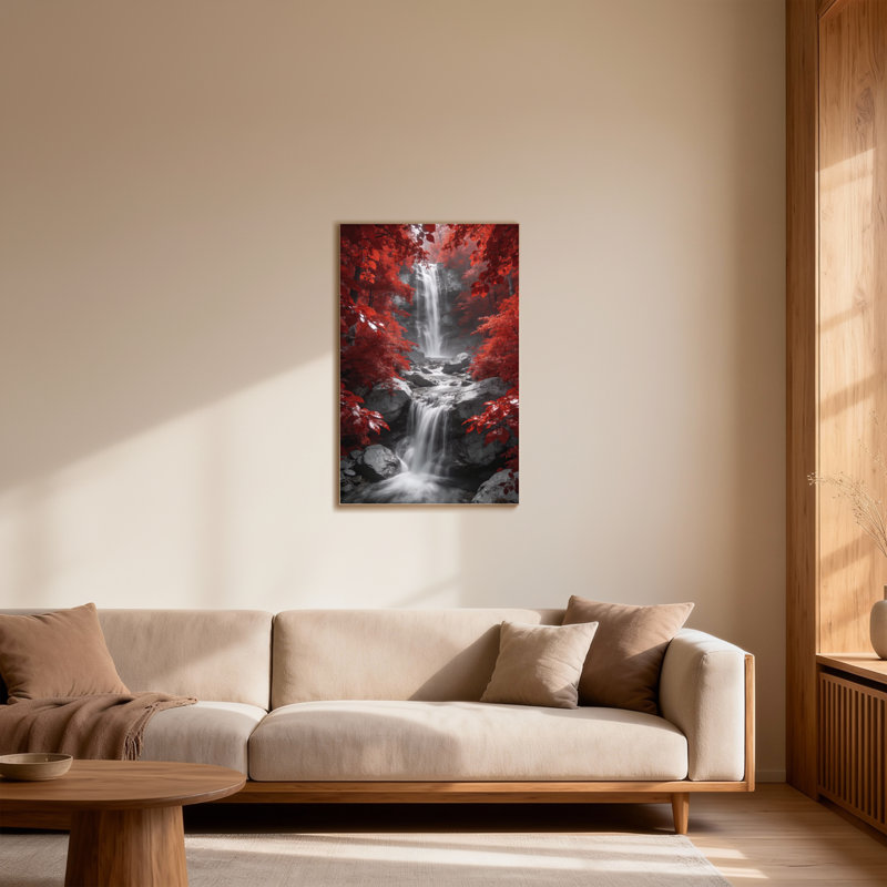 Plantes et fleurs, feuilles rouges, cascade, scène de forêt en noir et blanc, H 12 po x l 18 po