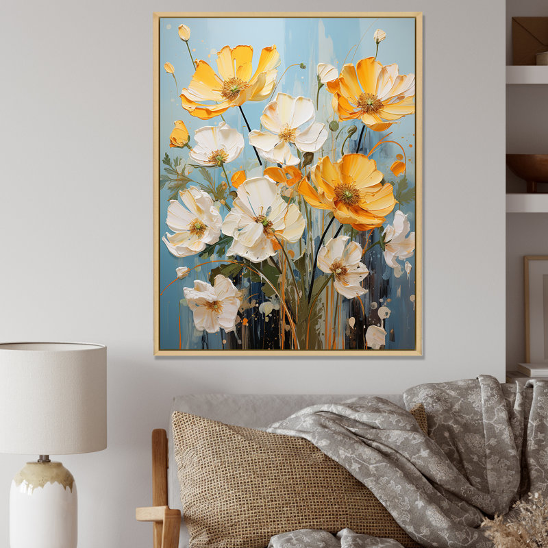 Reproduction d'art sur toile jaune et blanc avec boutons d'or néon et soleil I, H 44 po x l 34 po x P 1,5 po