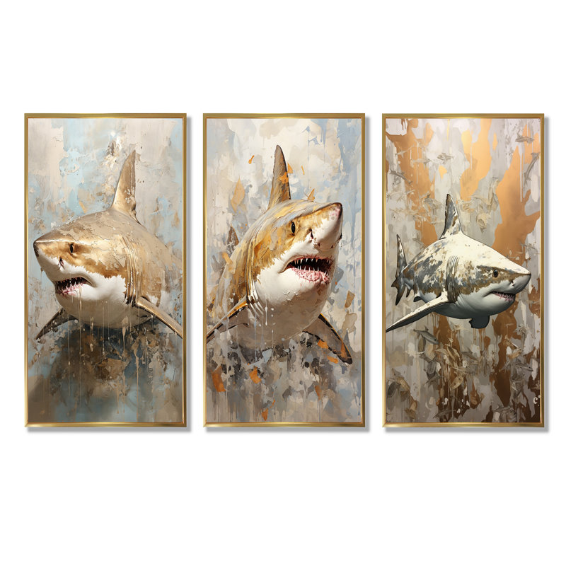 Minimalism Shark Painting In Golden Beige - Shark Wall Art Prints Set Of 3, Gold Floater Framed, 32" H x 48" W