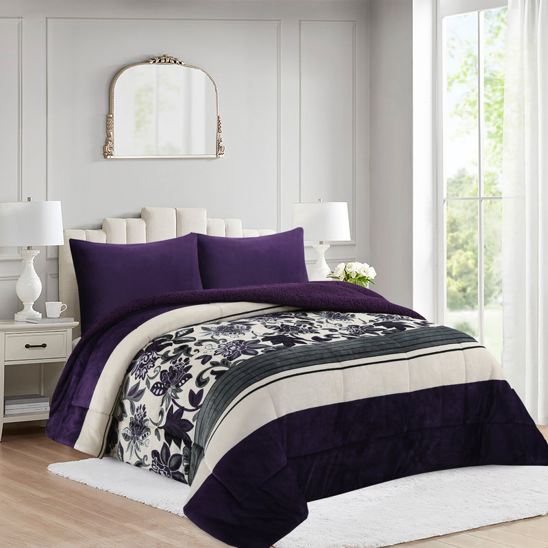 Ensemble d'édredon 3 pièces MarCielo, Floral mauve, Édredon grand + 2 taies d'oreiller standard