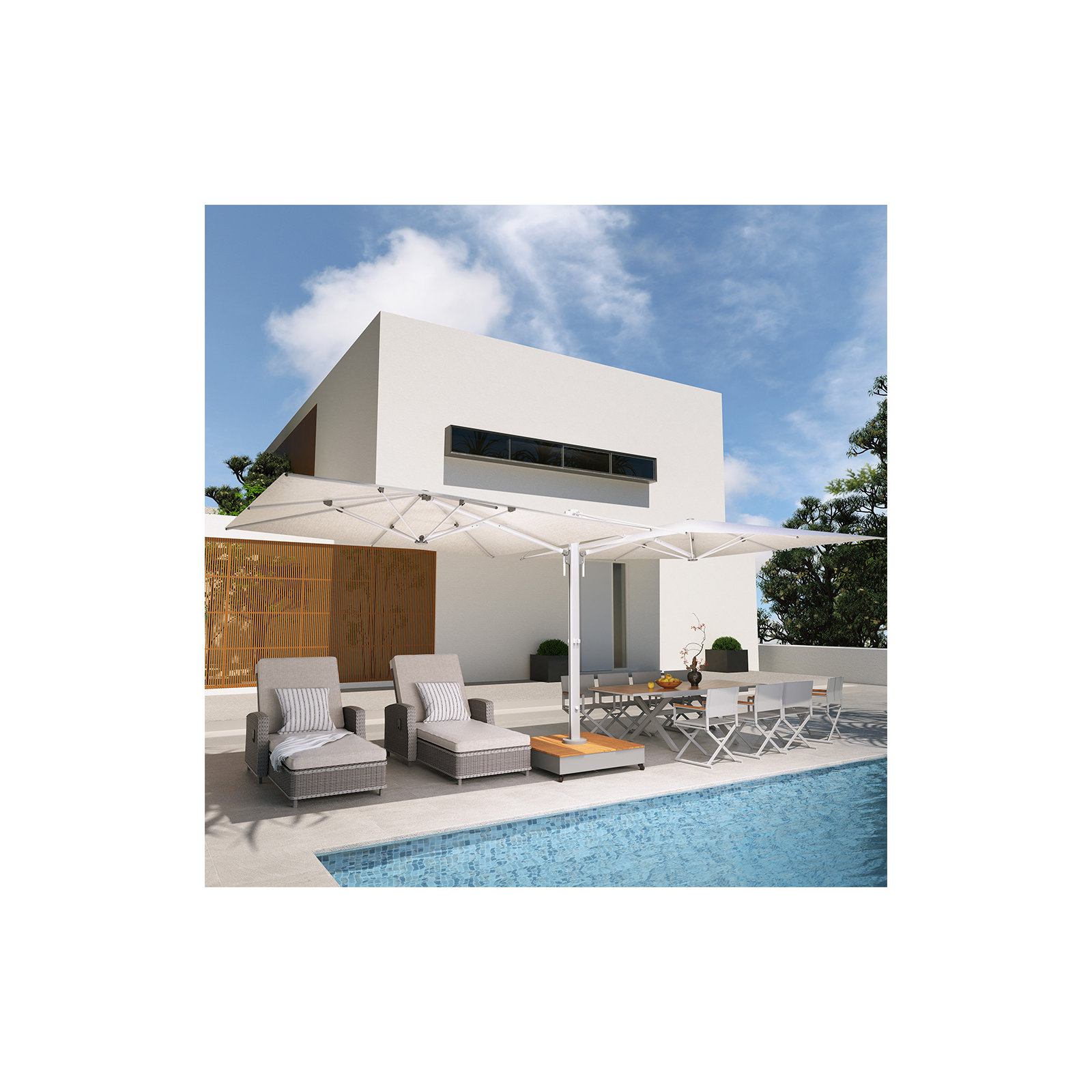 Menades 10' Square Cantilever Acrylic Double-Sided Commercial Umbrella with Base, Beige