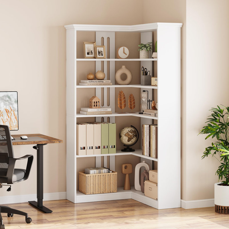 72.8" L-Shaped Corner Bookshelf, Farmhouse 5-Tier Tall Wood Bookcase, Rustic Storage & Display Rack, Half Panel, White
