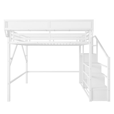 Queen Loft Bed With Staircase, Storage Shelves, And Built - In Wardrobe, 400lbs Capacity, 54.3" Under , White Color Size Stairs, Wardrobe Function, Finish