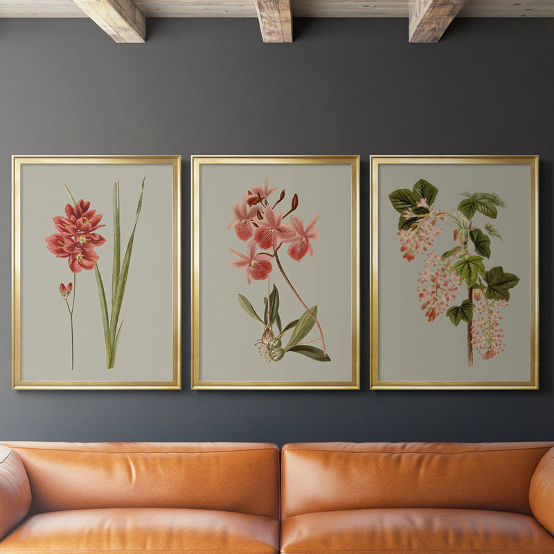 Botanical Array IV - Toile tendue avec châssis sur mesure - 3 pièces, H 39 po x l 81 po, Doré