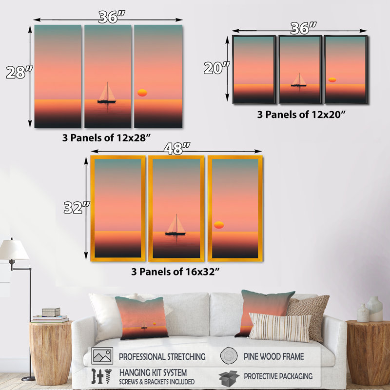 «Mnmalstc Sunset Durng The Full Moon», reproduction sur toile 3 pièces, Toile encadrée noire, L 36 po x H 28 po