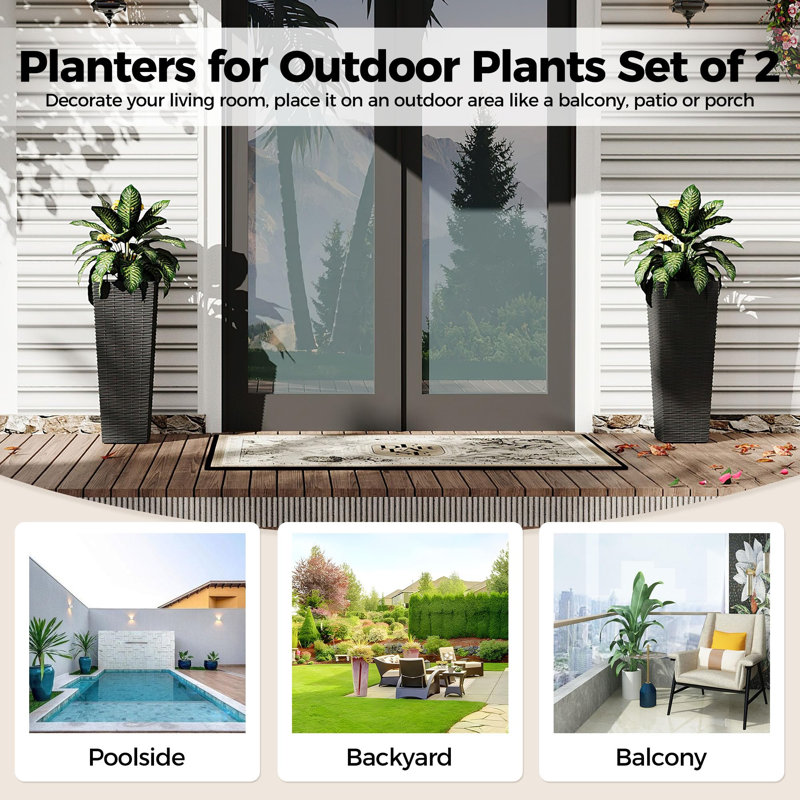 Black Tall Planters (2 Pack) - 24-Inch Large Pots with Removable Liners and Drainage Holes for All-Weather Outdoor or Indoor Use on Porch, Patio or Backyard