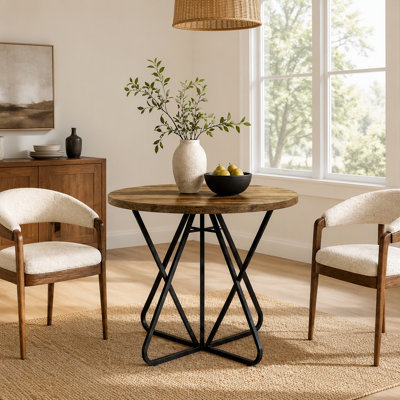 31.5″ Round Dining Table for 2 to 4, Small Farmhouse Kitchen Table with Geometric Metal Frame