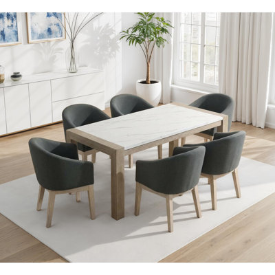 7-Piece Dining Set with 66" Rectangular White Faux Marble Top Table in Light Oak Finish & 6 Gray Upholstered Barrel Chairs