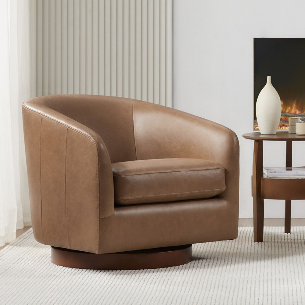 Bennett Genuine Leather Swivel Barrel Chair, Marseille Camel Top Grain Leather