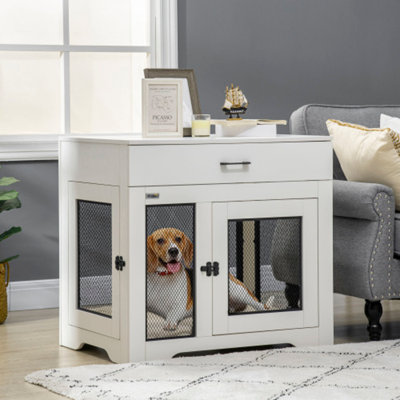 Table de bout pour cage de chien résistante à l'eau - chenil gris à 2 portes avec coussin amovible et tiroir de rangement, idéal pour les petits chiens et les chiots