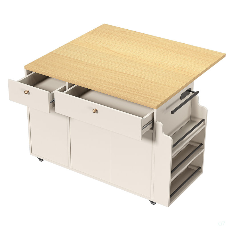 Kitchen Island With Storage Rolling Kitchen Island Cart With Drop Leaf Extension, Natural Wood Top, Drawers, Spice Rack, Towel Bar, Mobile Kitchen Cart For Kitchen & Dining Room