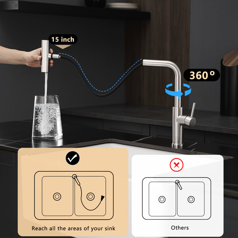 Robinet d'évier de cuisine en nickel brossé avec douchette extractible, moderne, pivotant à 360 ° pour éviers et barres Robinet de style classique, barre monotrou