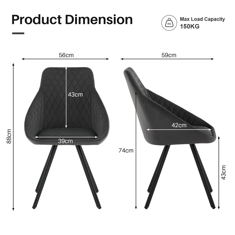 43cm H Velvet Upholstered Metal Side Chair, Grey