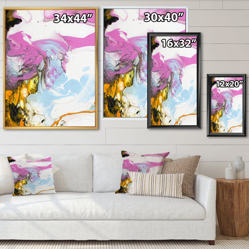 Rose, bleu et jaune liquide Art II - peinture sur toile, H 32 po x l 16 po x P 1 po, Cadre flottant en érable