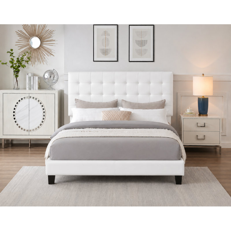 Lit capitonné contemporain avec tête de lit ajustable, en similicuir blanc, double, Blanc, Complet/Double