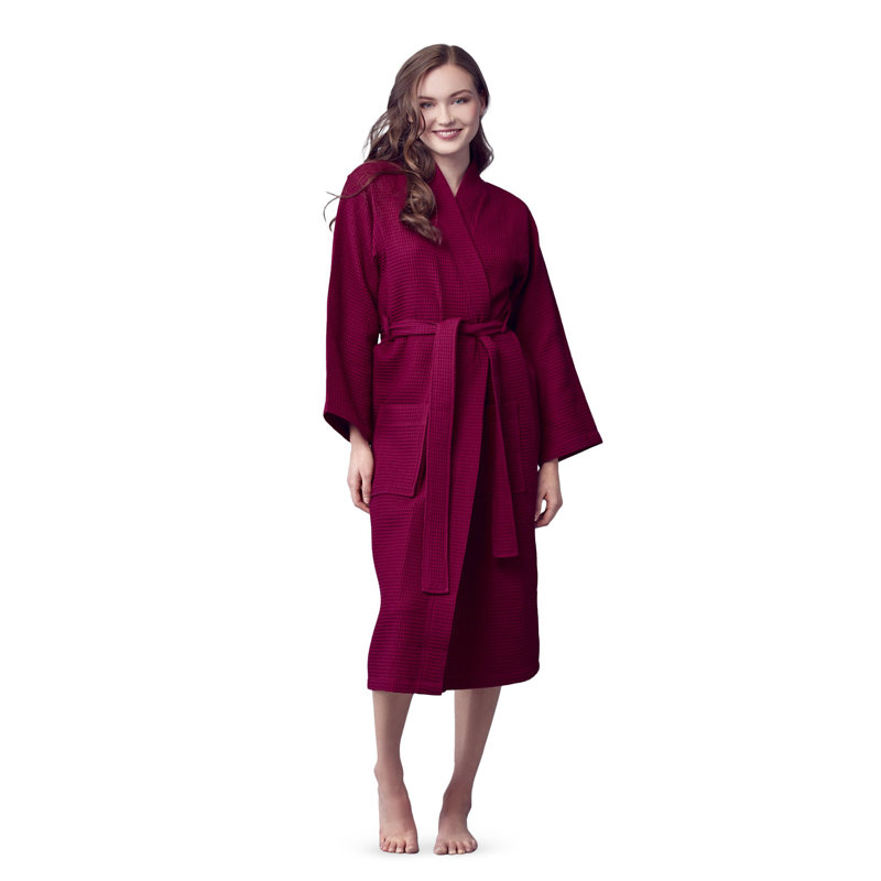 LOTUS LINEN - Peignoir léger en kimono gaufré, L, Vin rouge