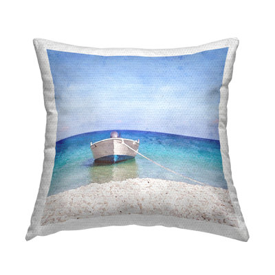 Boat on Rocky Shore Outdoor Printed Pillow by Riley B