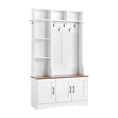 Entryway Hall Tree with Bench and Storage, 39" Wide, Includes Hanging Hooks, Adjustable Shoe Shelves, LED Light, Wooden Design, Ideal for Mudroom, Hallway, or Entryway, White