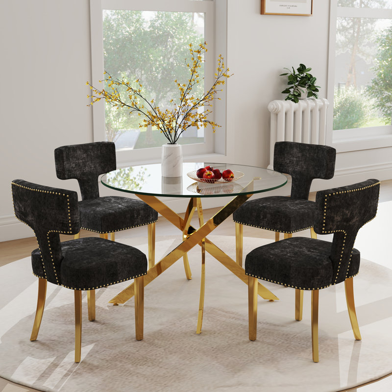 Ensemble de salle à manger à piédestal moderne avec chaise Dininig, 5, Noir, Doré