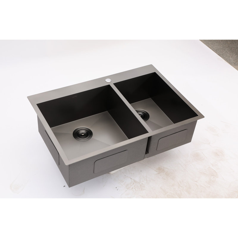 33"X22" Double Bowl Sink, Gunmetal Black, 18 Gauge Stainless Steel, Finish Steel Sink 33"X22", Stylish Appearance