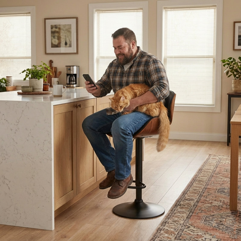 Adjustable Height Bar Stool, Swivel Upholstered Counter Stool with Bentwood, Barstool with Footrest, Black Faux Leather