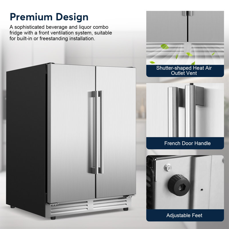 Tittla 24" Silver Beverage Refrigerator with French Doors 150-Can Capacity, Built-in or Freestanding Beer and Drink Cooler
