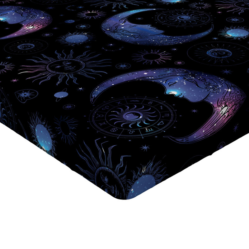 Drap-housse Ambesonne Moon motif galaxie soleil et croissant gris anthracite et rose, Drap-housse très grand californien