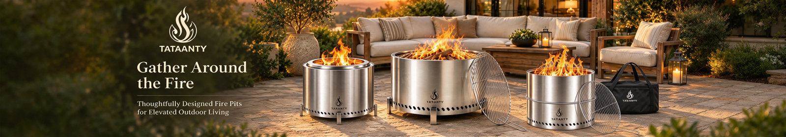 Tataanty Gather Around the Fire, des foyers extérieurs conçus avec soin pour un style de vie extérieur raffiné, mettant en vedette trois foyers en acier inoxydable avec des flammes sur une terrasse en pierre avec du mobilier extérieur au coucher du soleil.