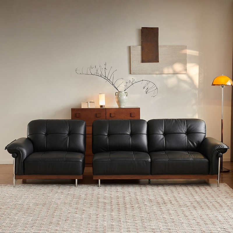 Black Genuine Leather Standard Sofa cushion Threeseat, 34.65" H x 110.24" W x 39.96" D