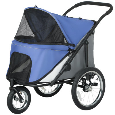 Poussette pour chien à 3 roues avec une main pliable, roues en caoutchouc, sac de rangement, coussin souple, pour petits et moyens chiens, bleu