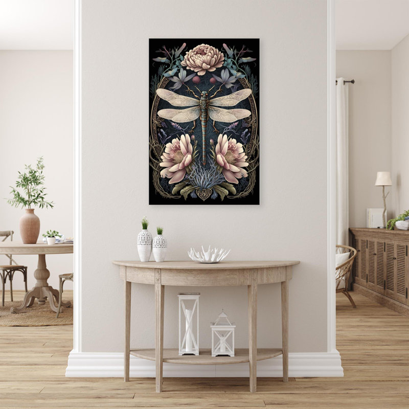 Pivoines et libellule - impression sur toile tendue, H 10 po x L 8 po x l 1,25 po