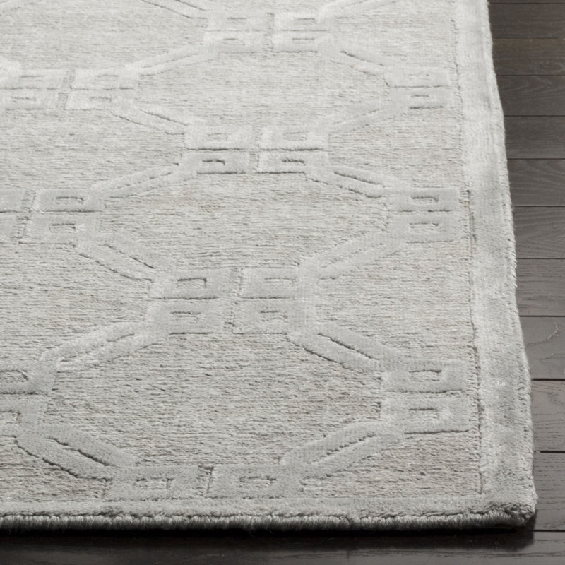Tibetan Geometric Hand-Knotted Silver Area Rug, Rectangle 10' x 14'