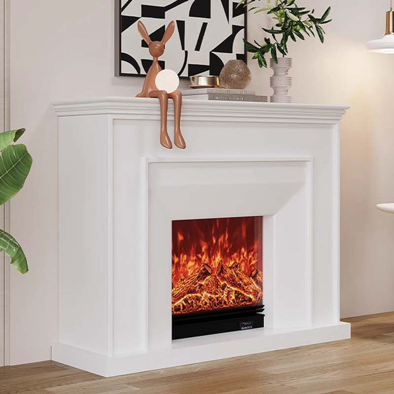 Beige Solid Wood Electric Fireplace, 35.43" H x 39.37" W x 12.6" D