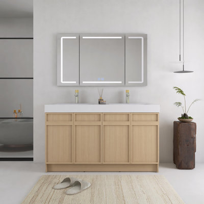 Meuble-lavabo autoportant de 60 po avec comptoir en résine blanche et 4 portes d'armoire à fermeture en douceur