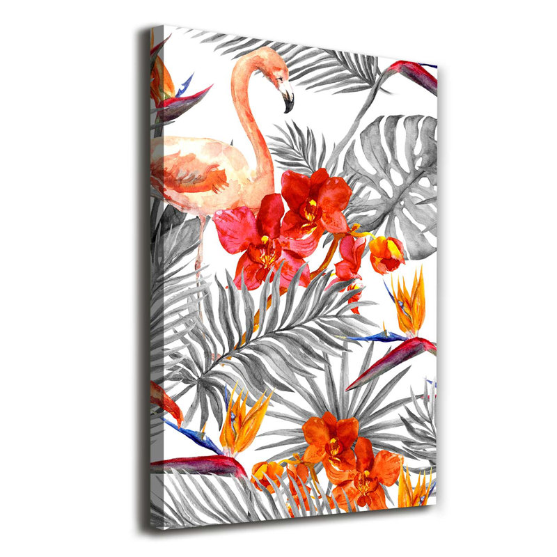 Flamingos And Flowers - Wrapped Canvas Print